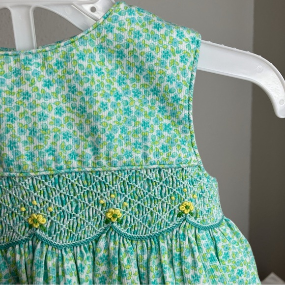 Luli & Me smocked dress green & blue floral sleeveless with bloomers 12 months - Picture 3 of 15